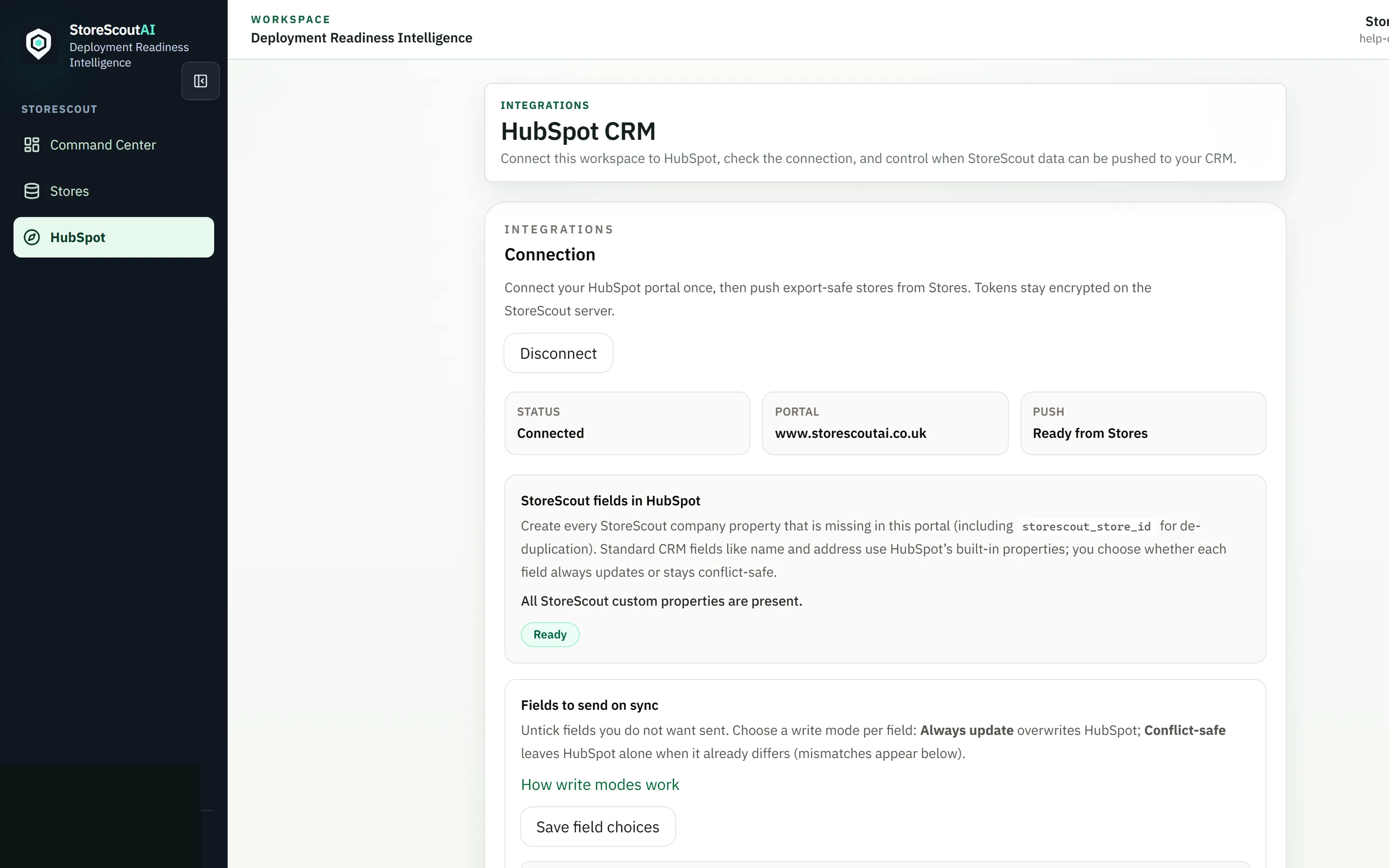 HubSpot CRM integration page showing Connected status, portal, and field write modes