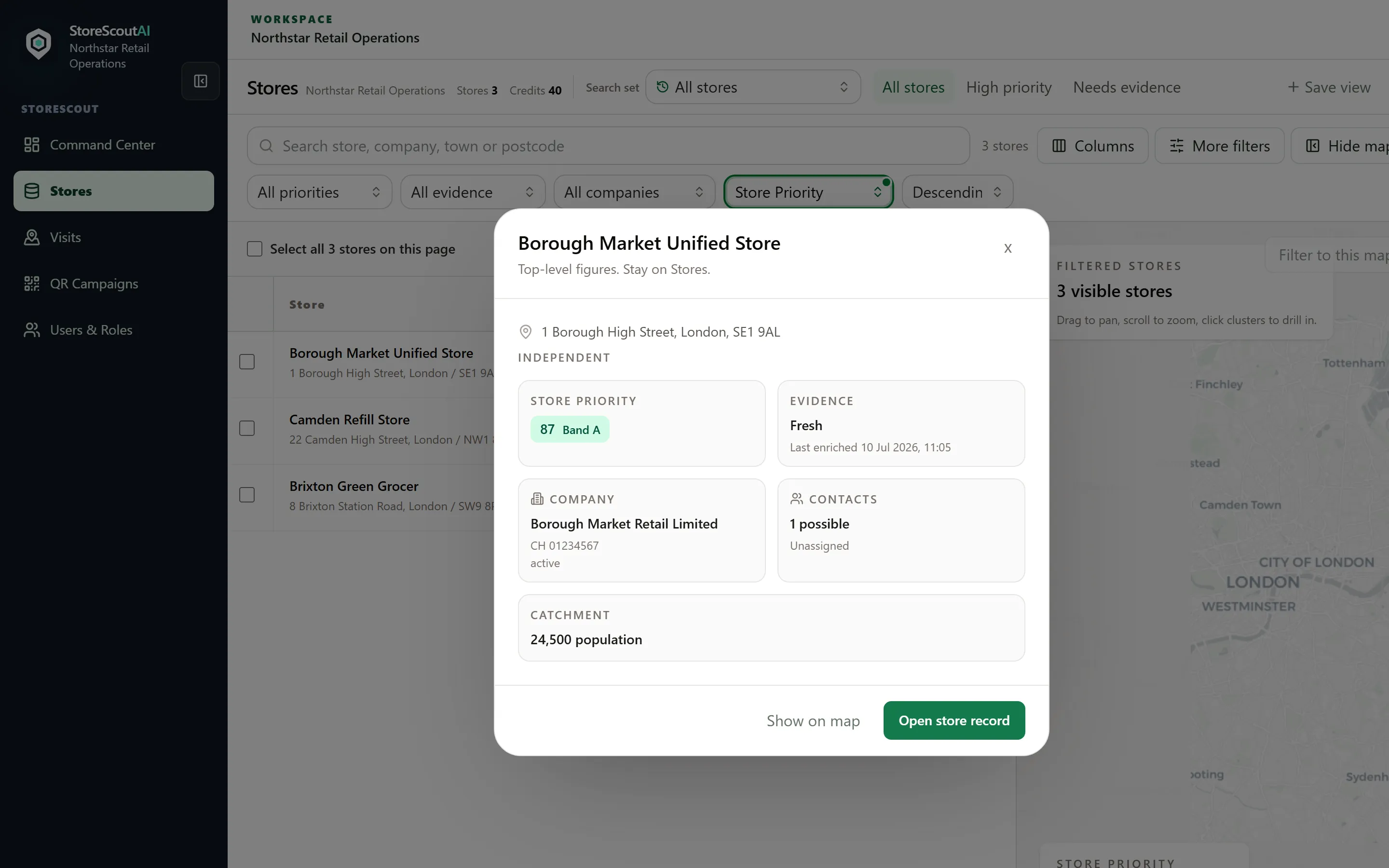 Store preview with priority, evidence, and company