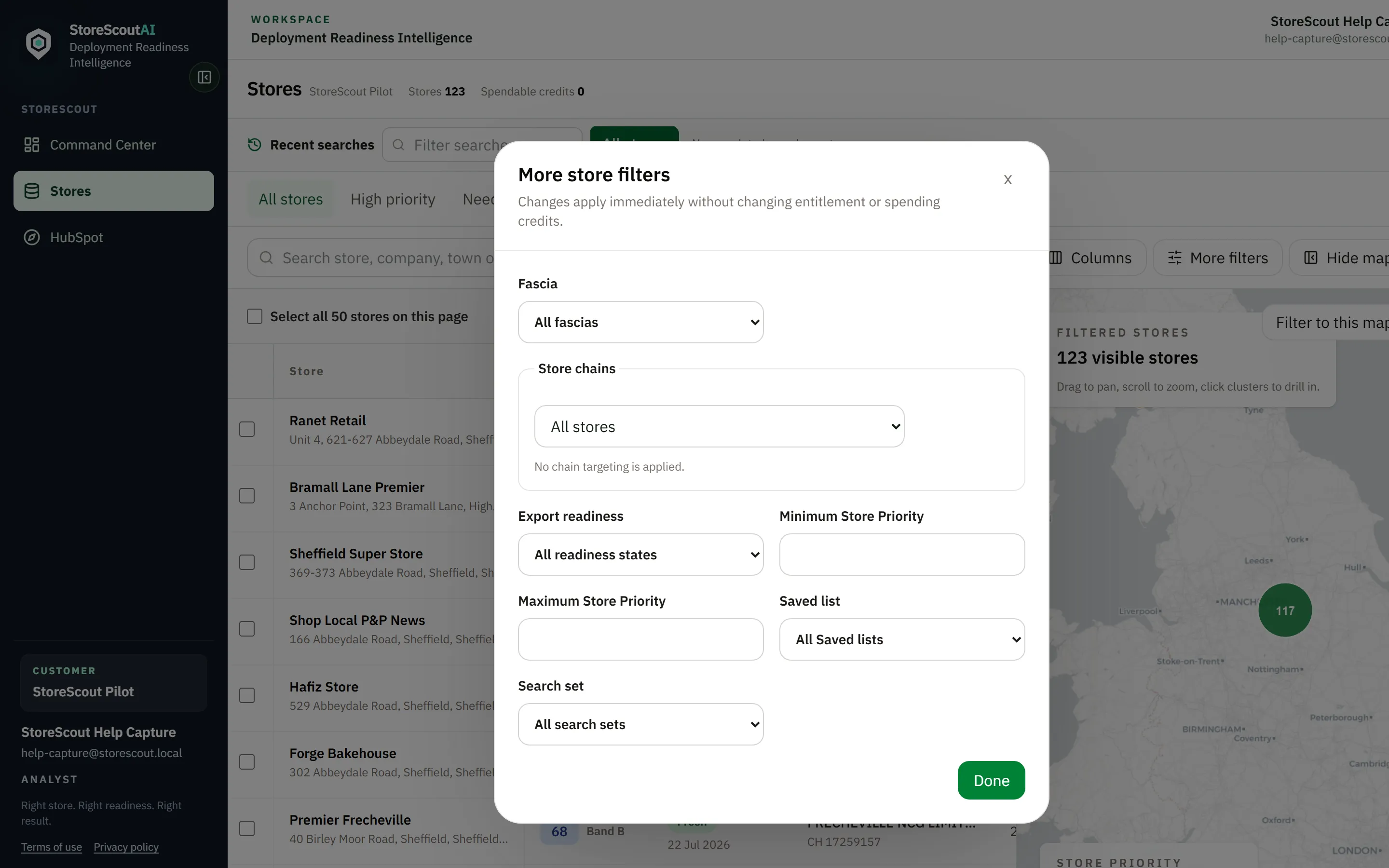 Pilot Stores workspace with priority and evidence filter controls